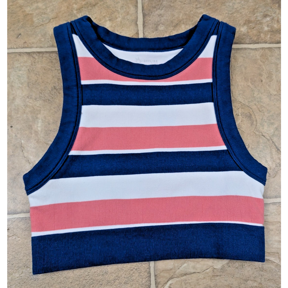 Offline by Aerie sz XS Crop Tank Top ribbed seamless stripe blue pink white 1729